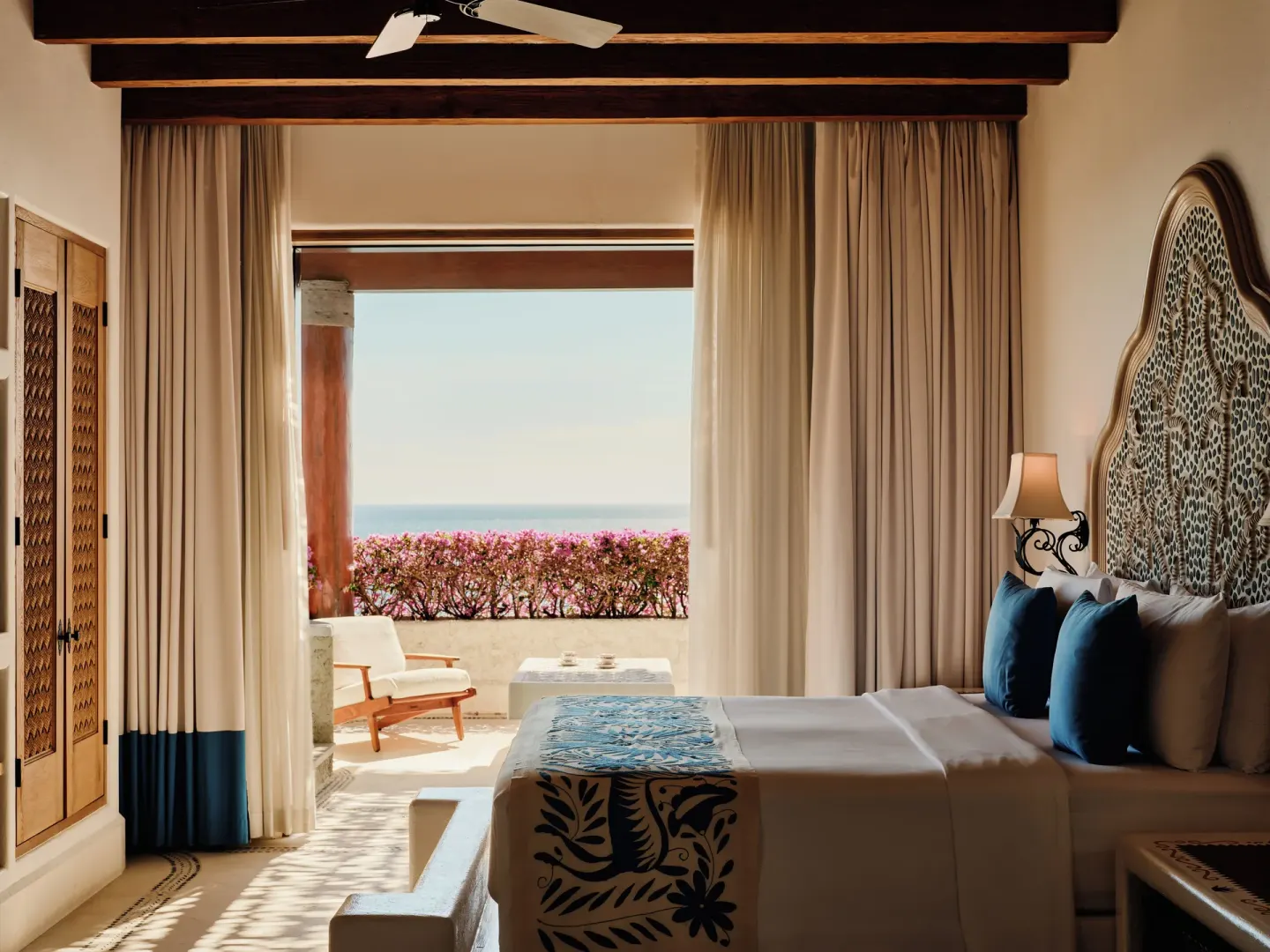 Penthouse bedroom with king bed and ocean terrace at Las Ventanas al Paraiso.