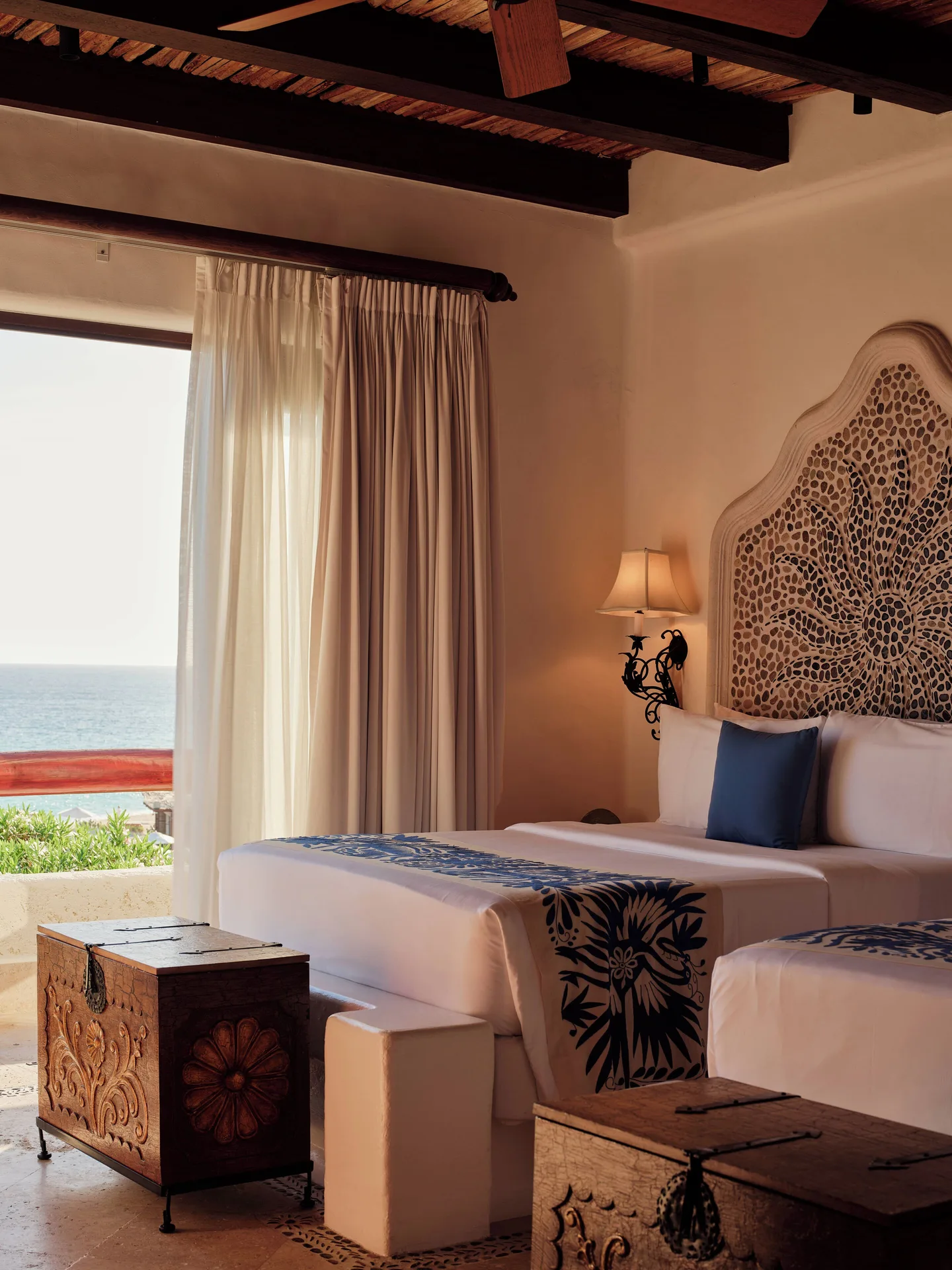 Three Bedroom Oceanview Villa double bedroom at Las Ventanas al Paraiso with beds facing the ocean.