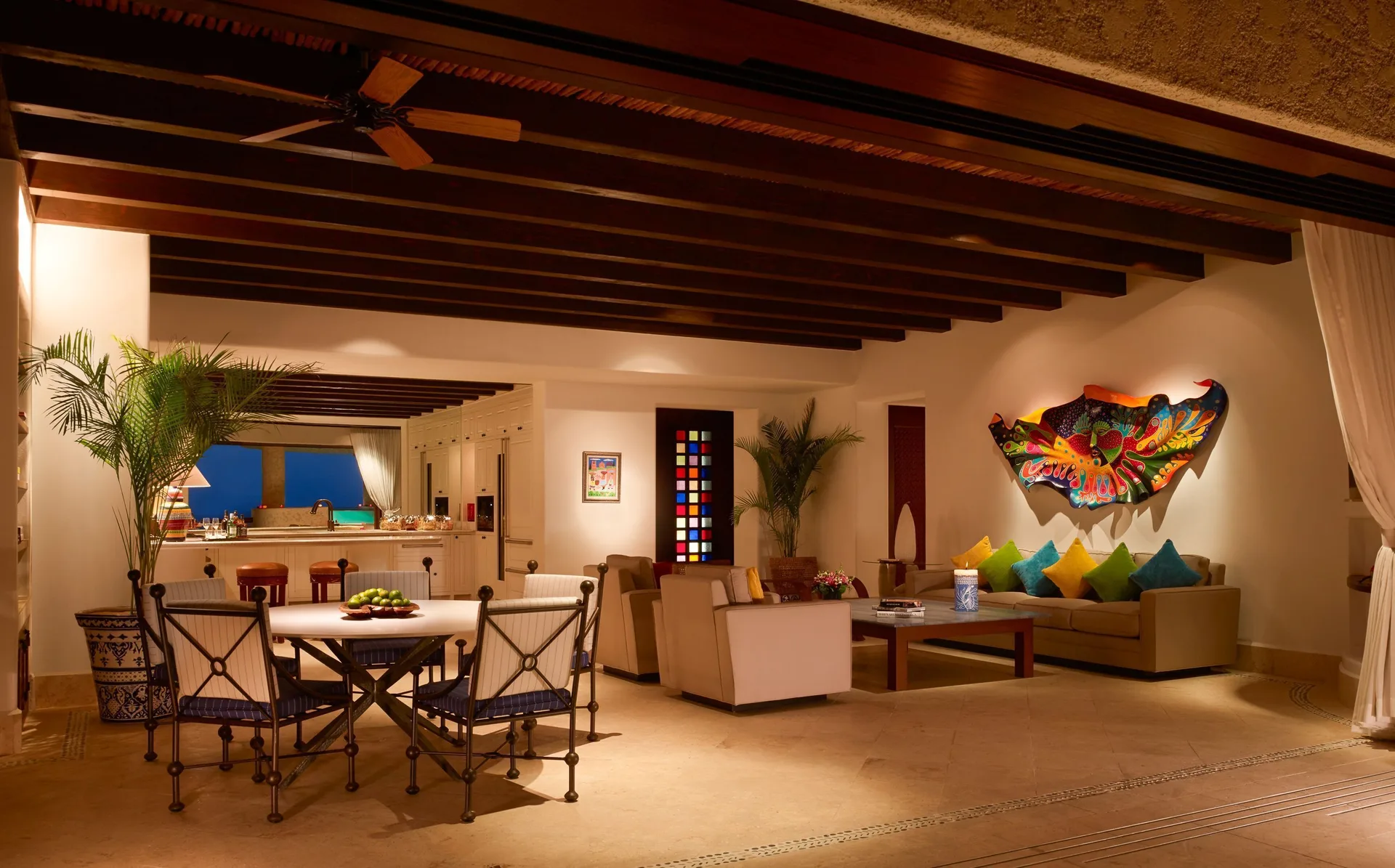 Open living and dining room in the residence at Las Ventanas al Paraiso.
