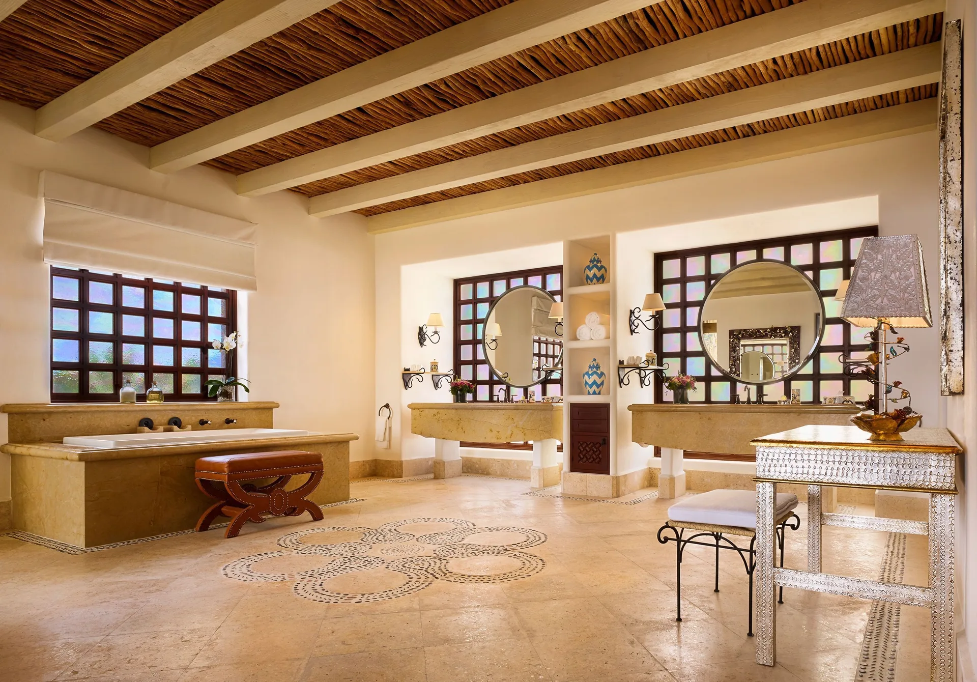 Bathroom in a Three Bedroom Signature Pool Residence at Las Ventanas al Paraiso with tub and twin vanities.