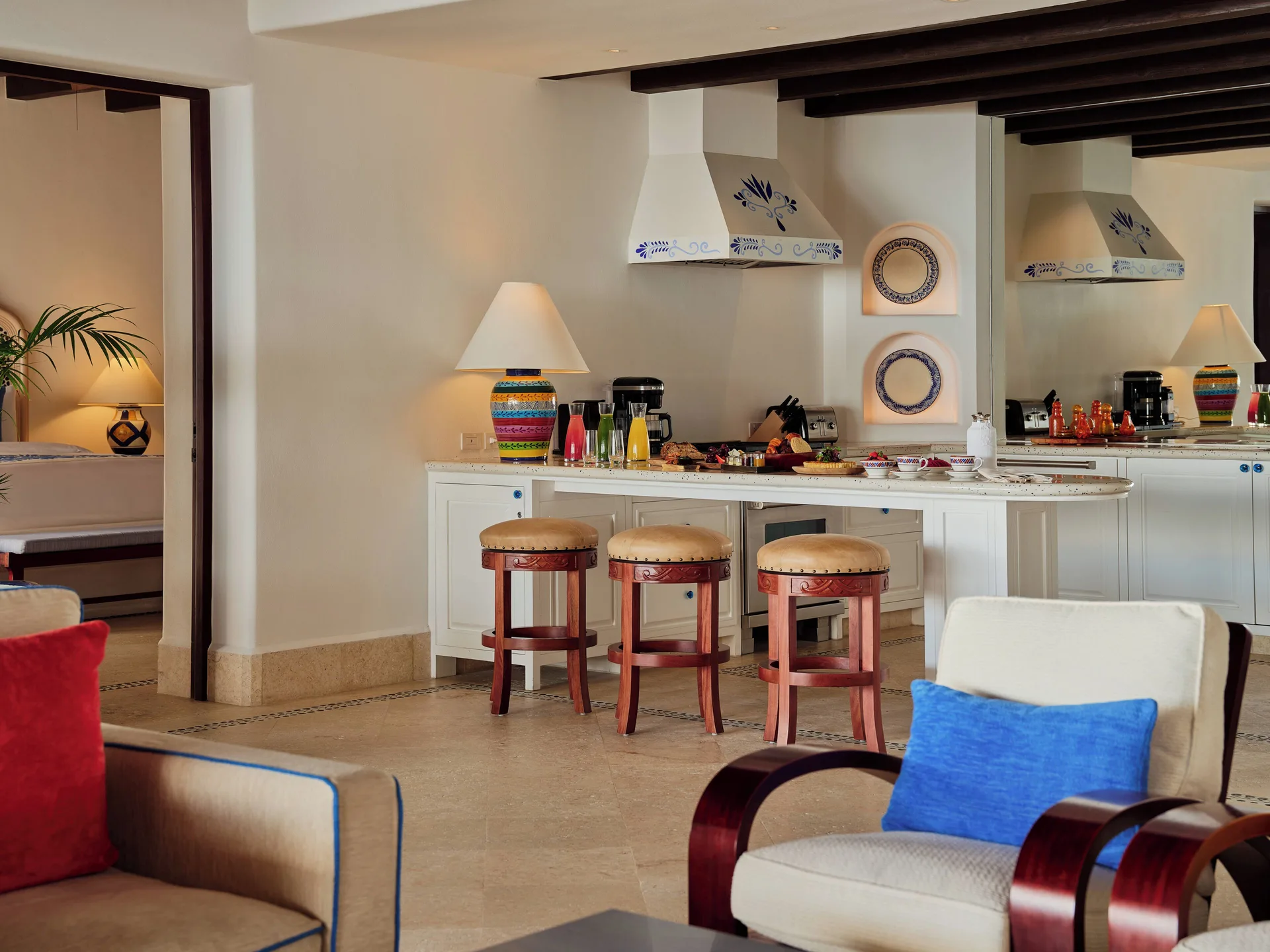 Kitchen counter and lounge seating in the residence at Las Ventanas al Paraiso.