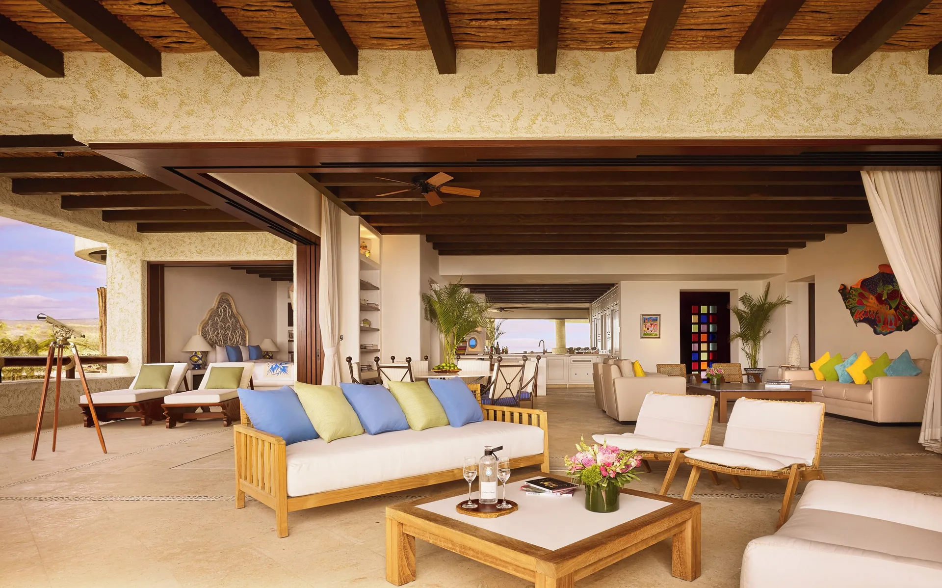 Open-air terrace lounge and bedroom view in the residence at Las Ventanas al Paraiso.