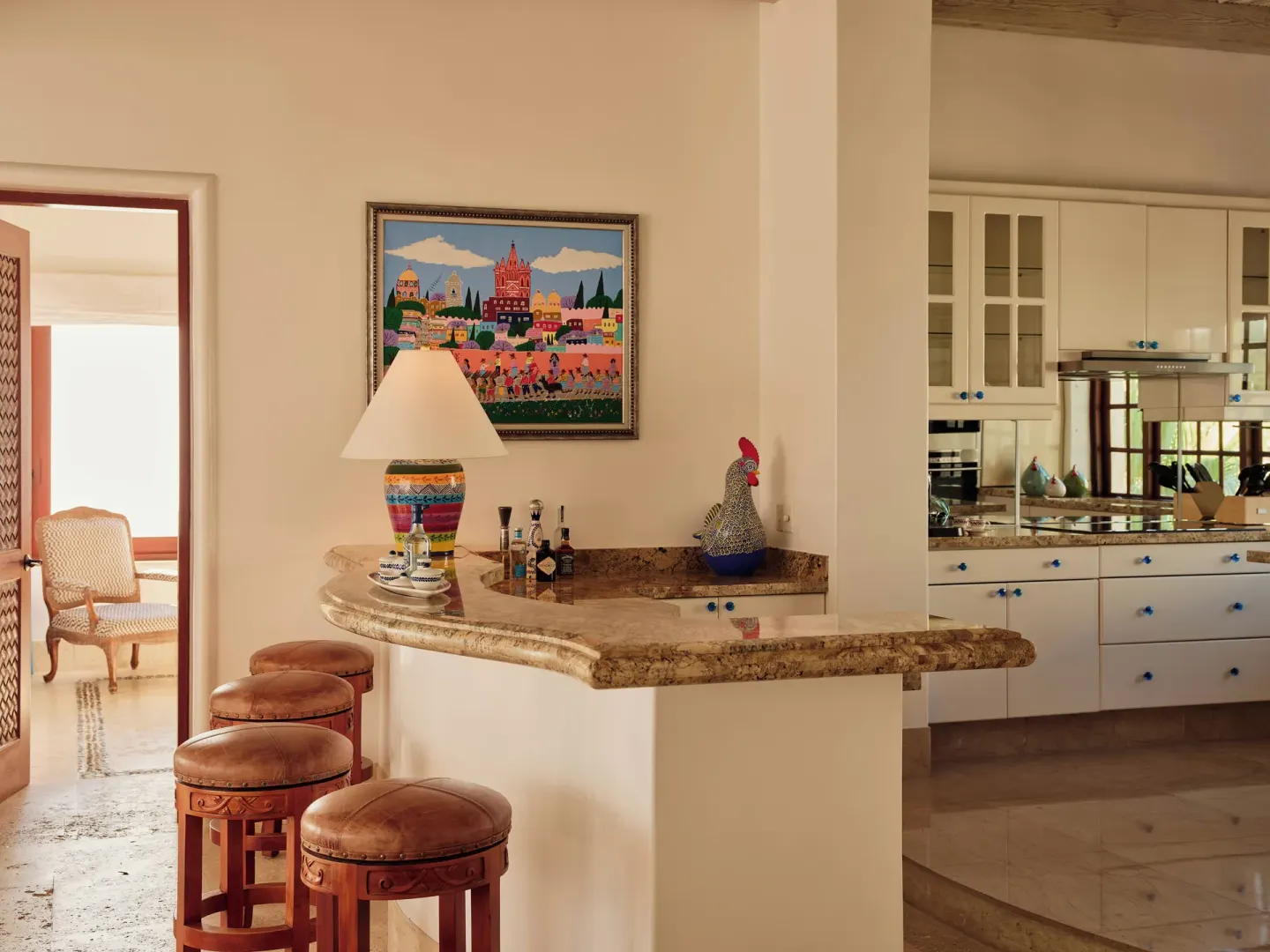 Bar counter and kitchen in the Two Bedroom Ty Warner Penthouse at Las Ventanas al Paraiso.