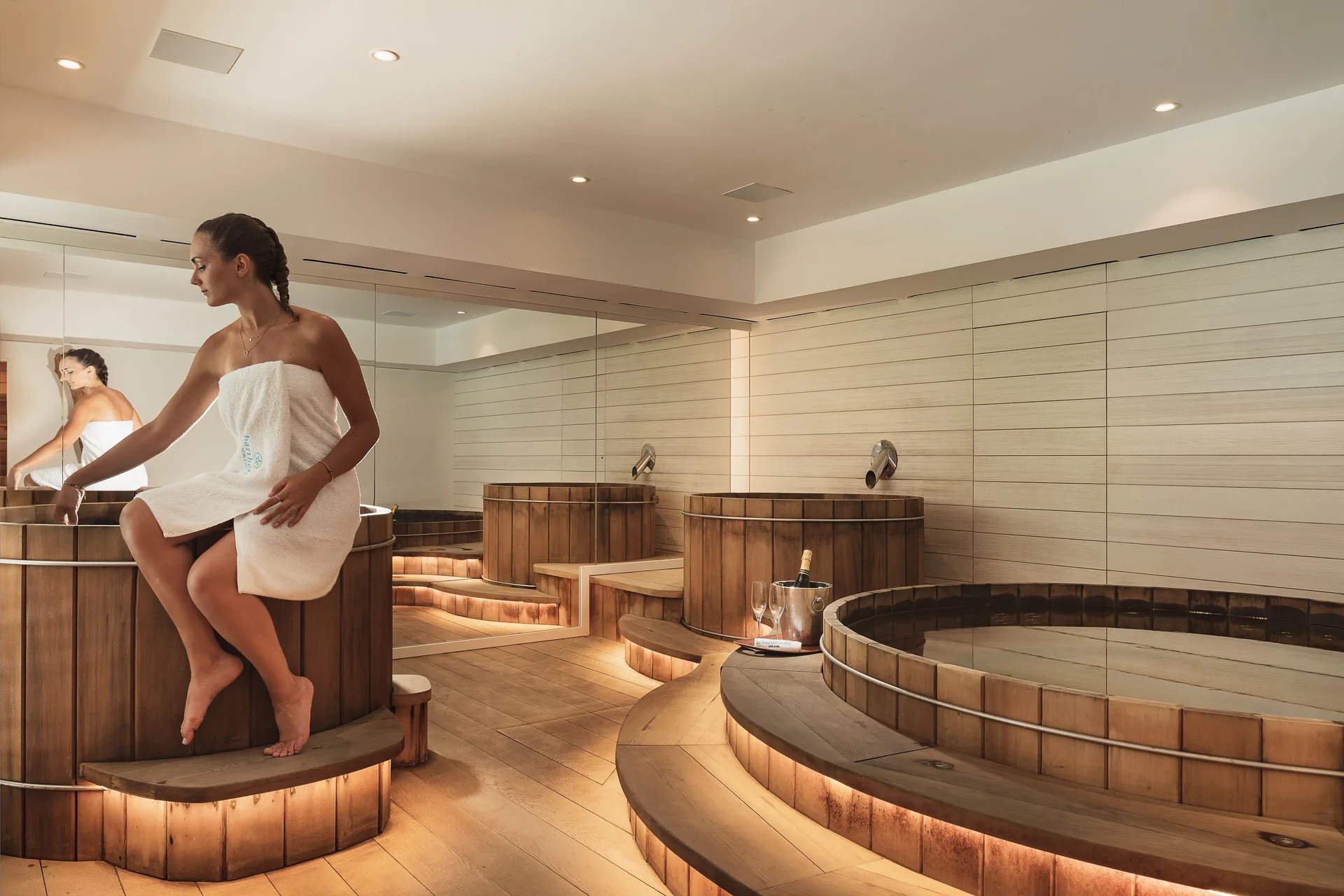 Wooden soaking tubs in the spa at Le Barthélemy Hotel & Spa.