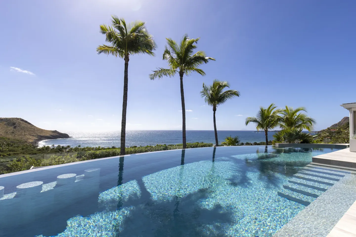 Infinity pool facing palm trees and the sea at Le Toiny Hôtel & Beach Club.