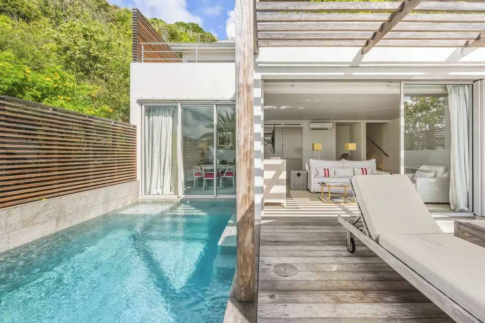 Private pool beside Duplex Spirit Suite living area at Le Toiny Hôtel & Beach Club.
