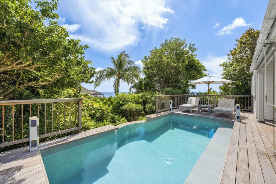 Junior Suite private pool at Le Toiny Hôtel & Beach Club framed by trees with a glimpse of the sea.