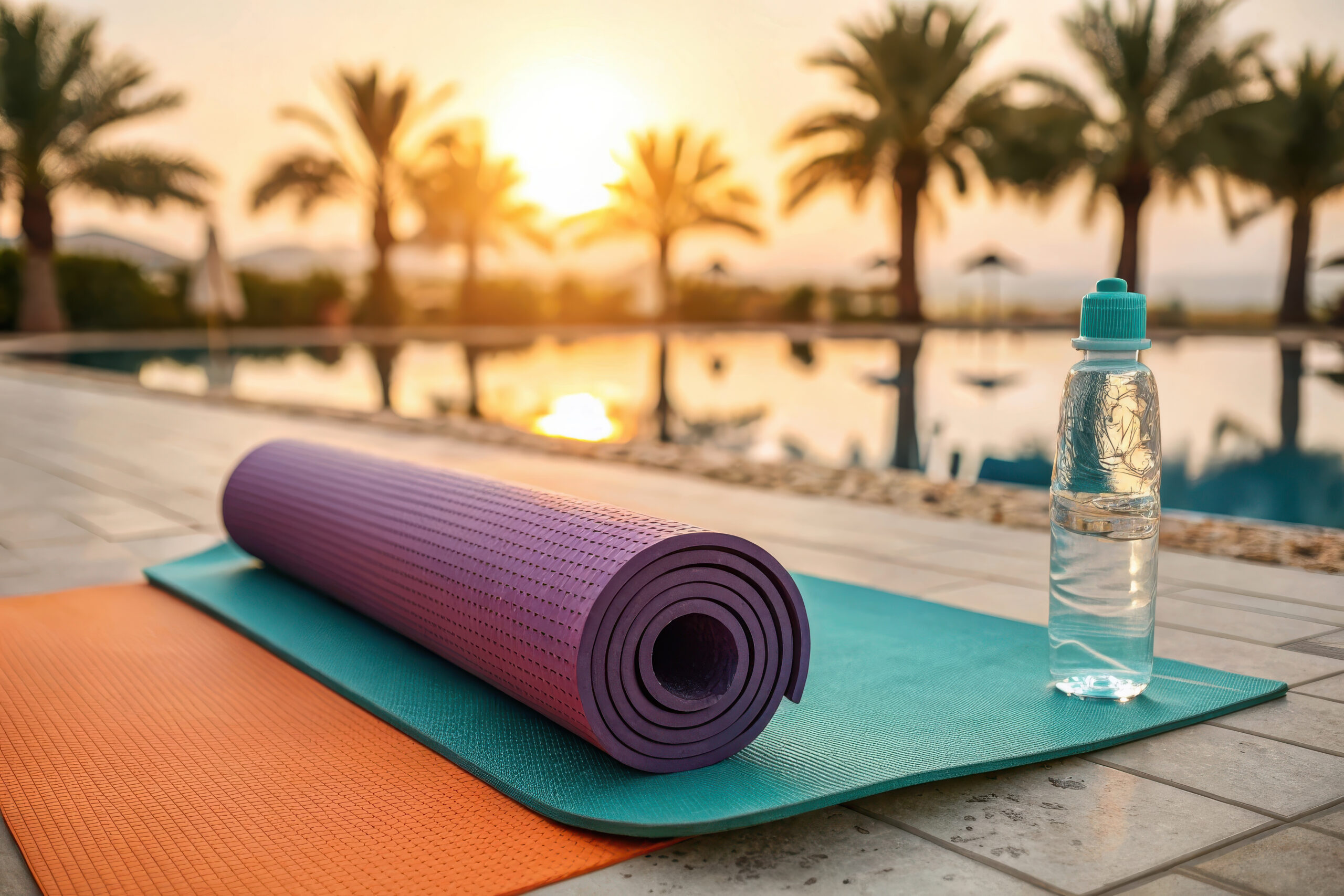 Yoga mat and water bottle by pool at sunset