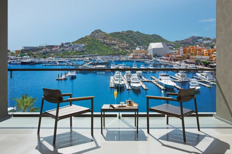 Private terrace of the Xhale Club Romance Suite Marina View at Breathless Cabo San Lucas overlooking the Cabo San Lucas marina.