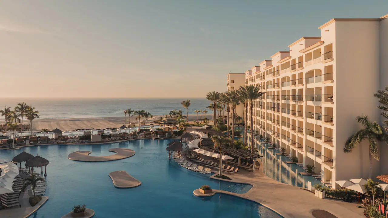 Hyatt Ziva Los Cabos resort overlooking the main infinity pool and swimmable beach area.