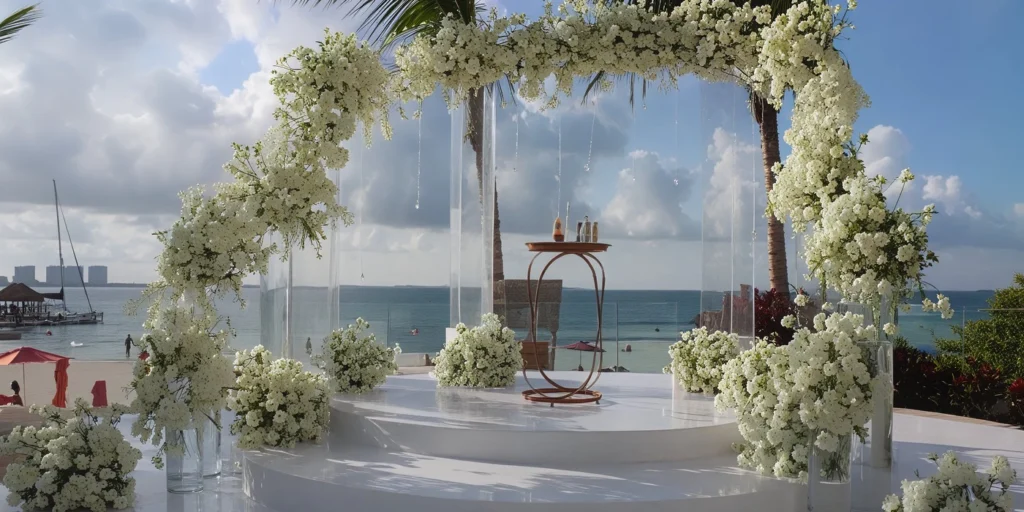 Hot Top Pool wedding venue at Breathless Cancun Soul with oceanfront ceremony setup and floral arch