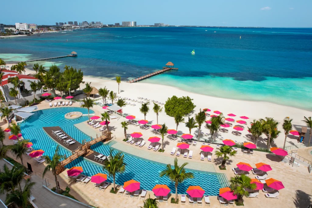 Aerial view of the Energy Pool and beachfront at Breathless Cancun Soul Resort in Cancun.