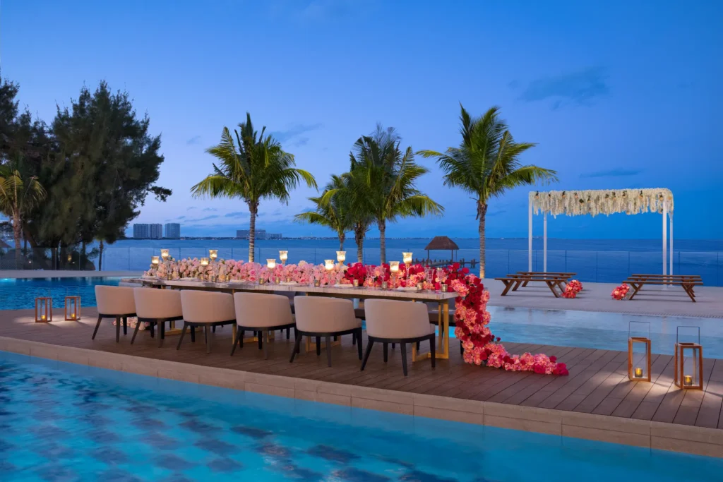 Energy Pool banquet setup for weddings at Breathless Cancun Soul with ocean views