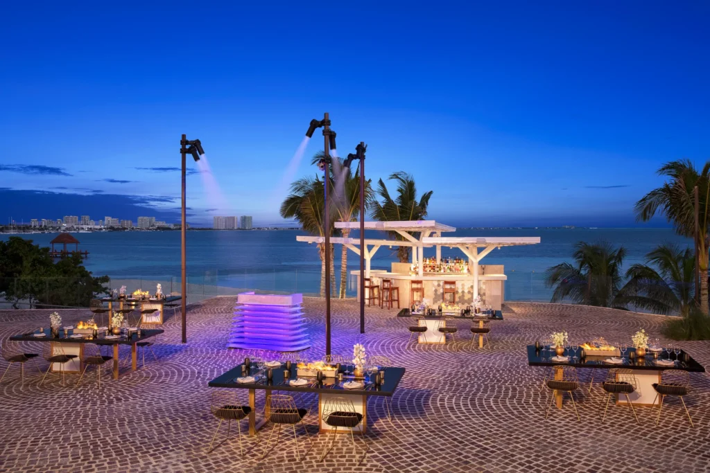 Firepit Plaza banquet setup for evening events at Breathless Cancun Soul