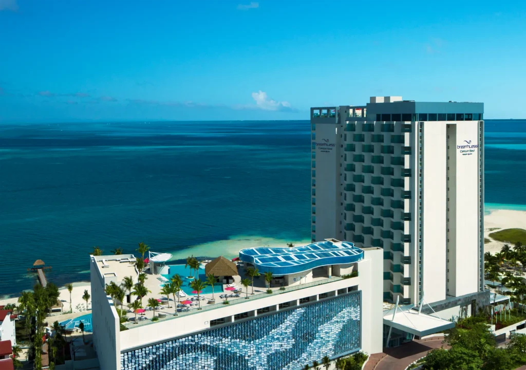 Panoramic view of Breathless Cancun Soul Resort from the lagoon side in Cancun.