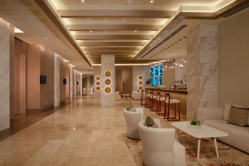 Showstopper Theater Bar at Breathless Cancun Soul with modern lounge seating and entertainment venue ambiance.