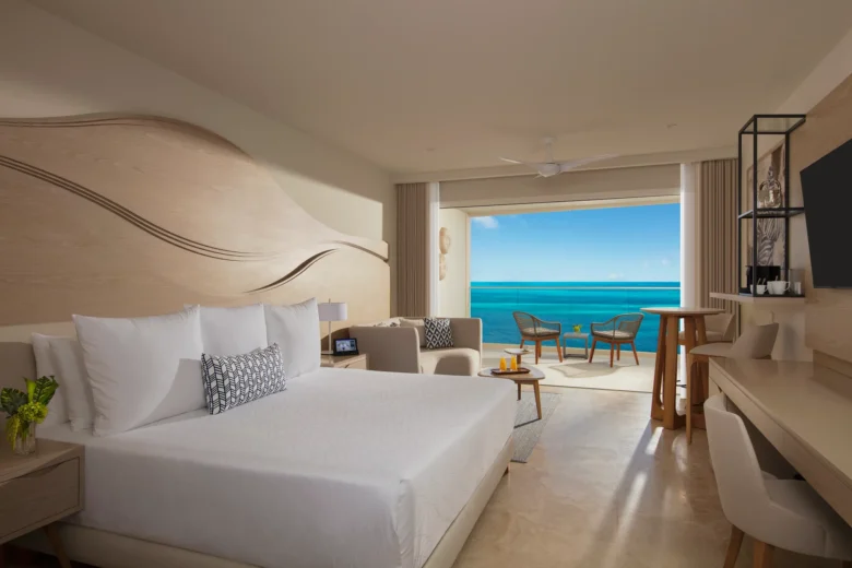 Xcelerate Junior Suite Ocean Front at Breathless Cancun Soul Resort with direct views of the Caribbean Sea.