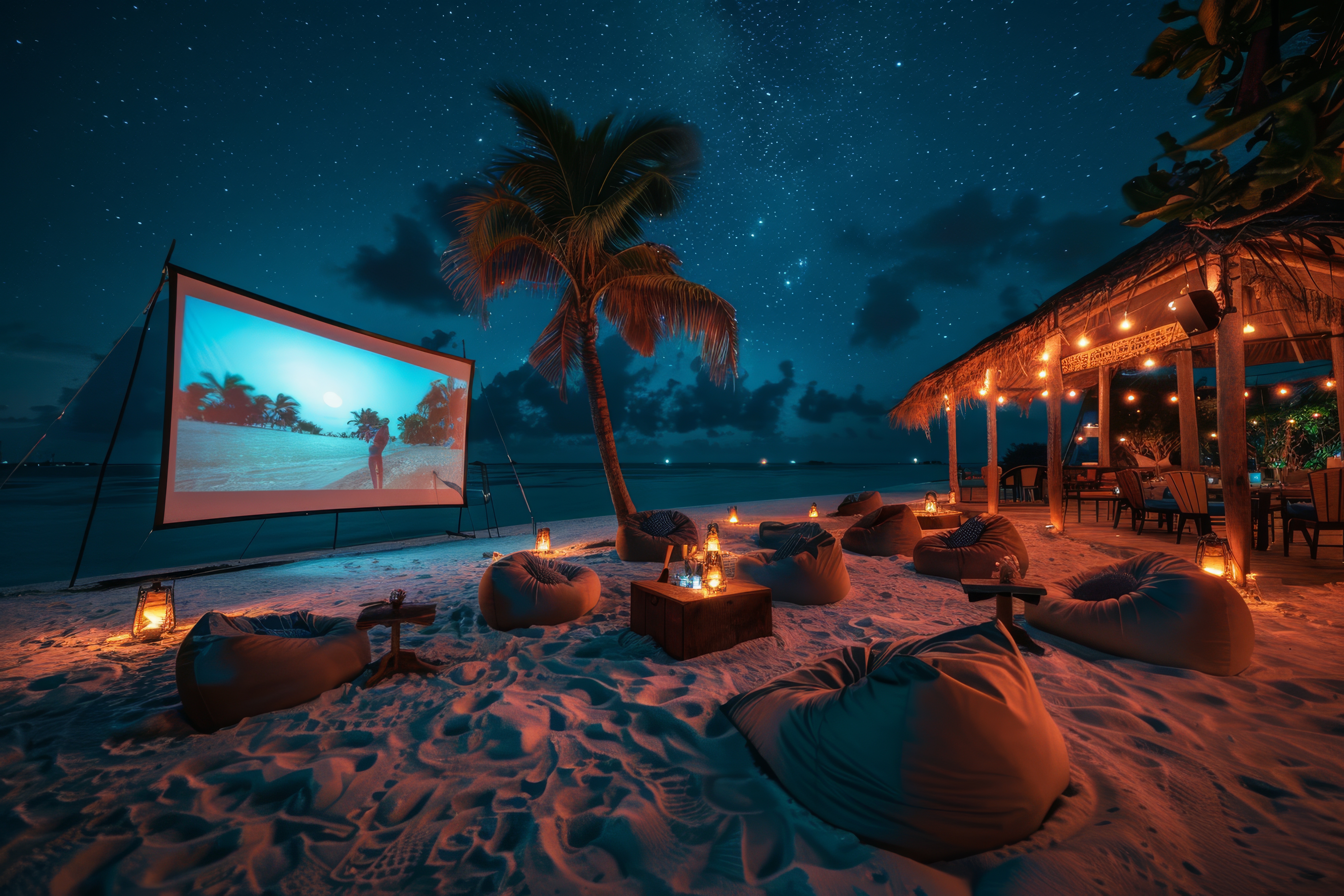 An inviting outdoor beach cinema featuring bean bags and a large screen under the stars.