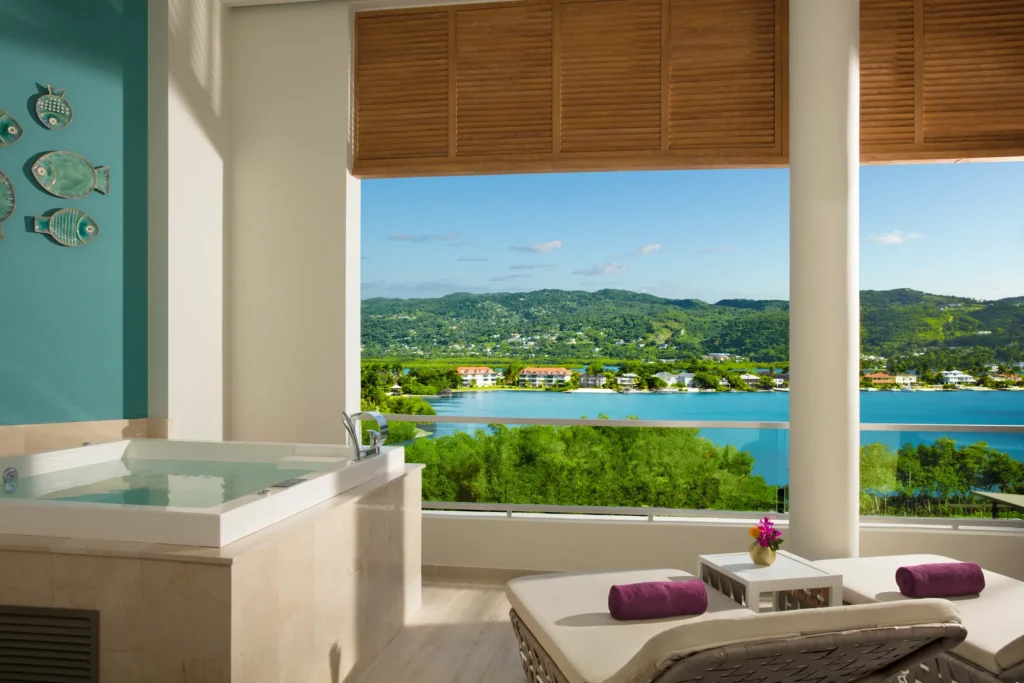 Private outdoor whirlpool overlooking the bay at the Xhale Club Presidential Suite, Breathless Montego Bay.