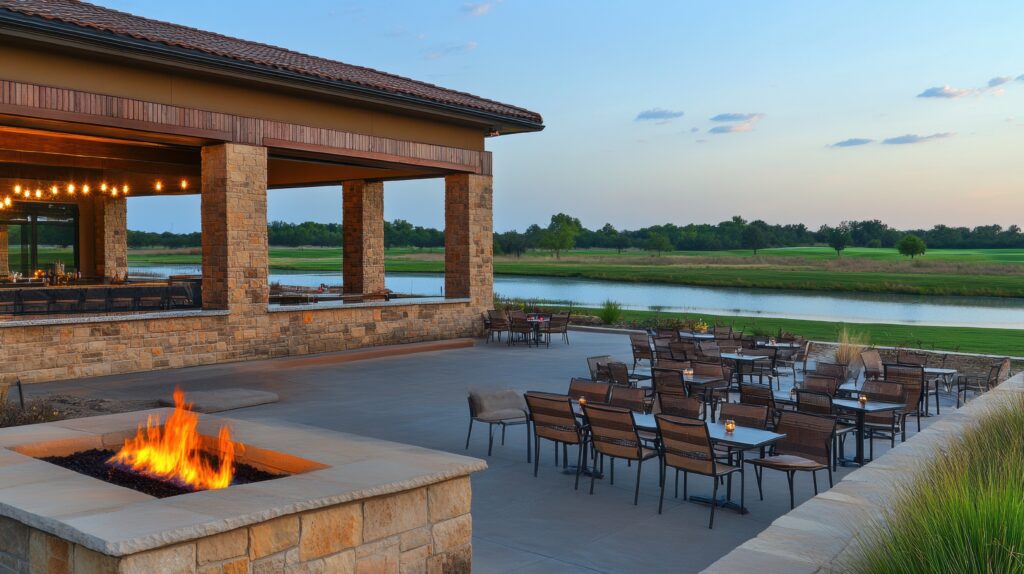 Cozy Lakeside Seating Area with Fire Pit for Evening Dining