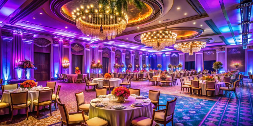 Elegant party setup in a luxurious hotel ballroom with beautiful decorations and ambient lighting