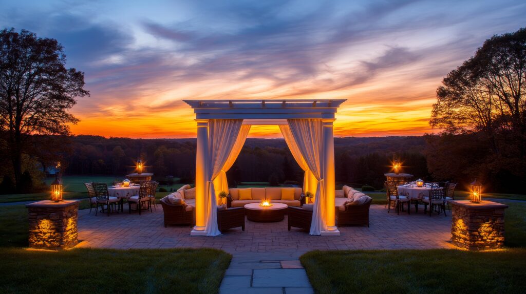 Romantic Sunset Patio Pergola with Sheer Curtains - Evening serenity, sunset romance, outdoor luxury, peaceful ambiance, elegant design