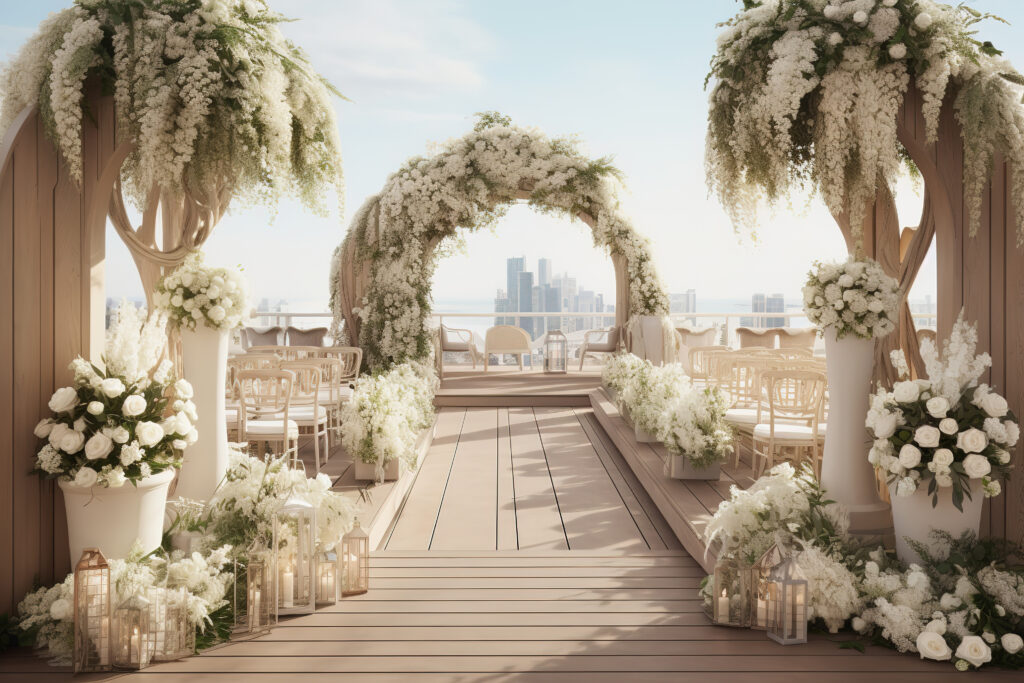 Wedding venue with flower arch at at rooftop terrace with city view
