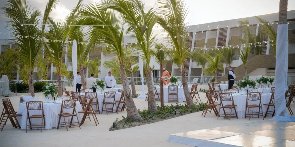 Pool area banquet setup for weddings and events at Breathless Punta Cana Resort & Spa