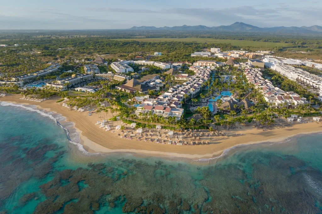 Aerial view of Breathless Punta Cana along the expansive Punta Cana coastline and coral reefs.