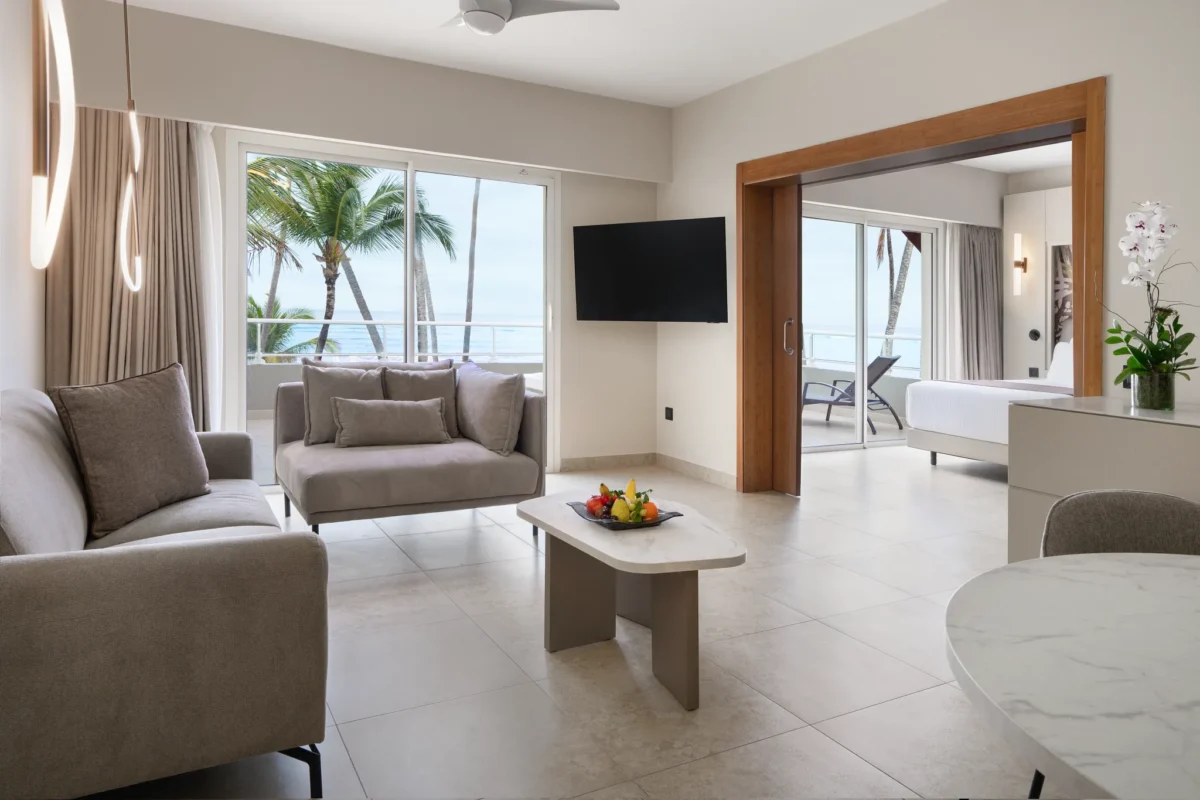Xhale Club Master Suite Ocean Front living area with seating and ocean views at Breathless Punta Cana Resort.