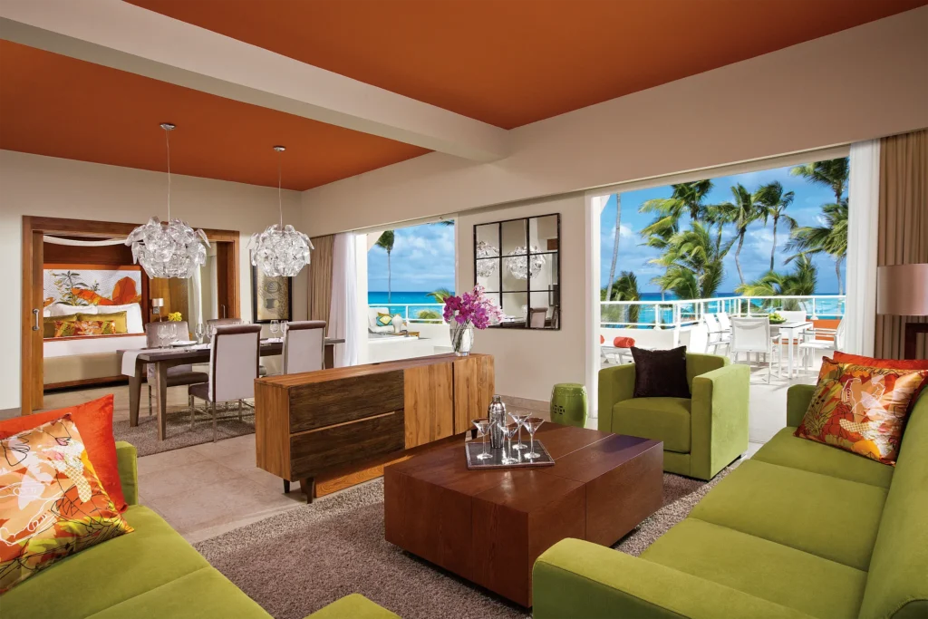 Xhale Club Presidential Suite living area with ocean views at Breathless Punta Cana Resort.