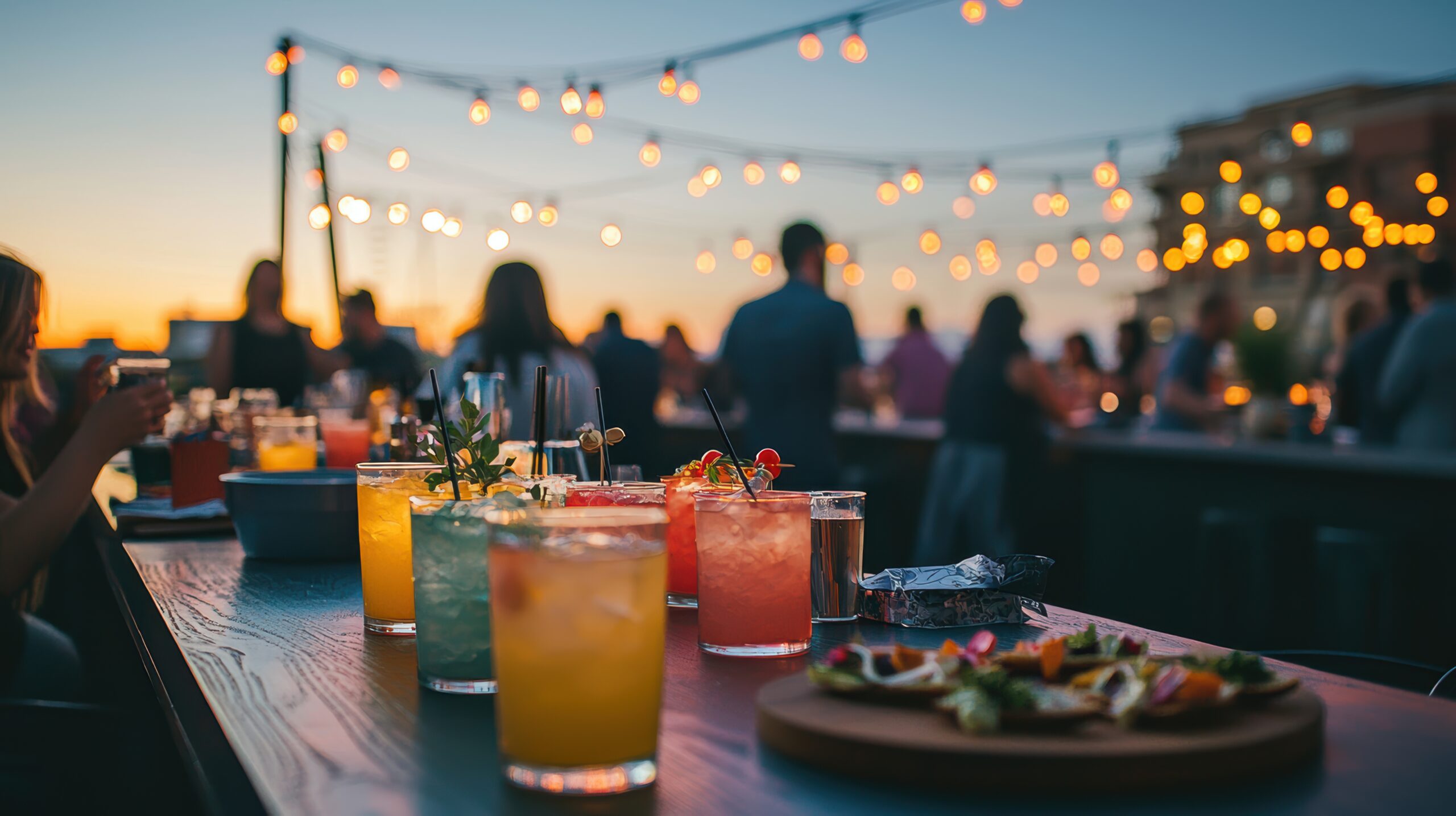 Stylish Rooftop Bar Ambiance with Colorful Cocktails Under Fairy Lights for Summer Gatherings