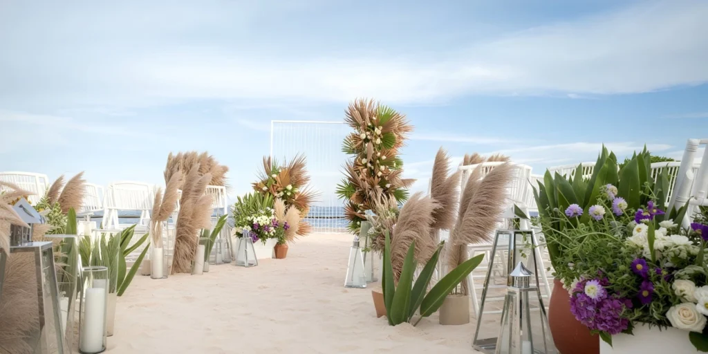 Beach wedding ceremony with boho décor at Breathless Riviera Cancun