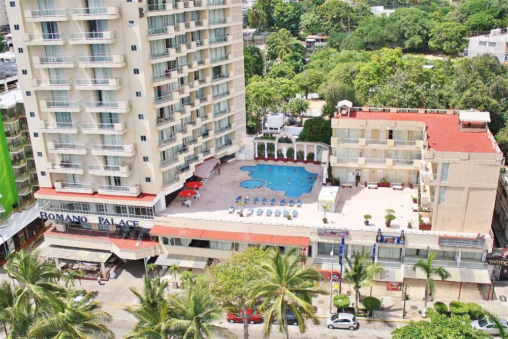 Romano Palace Acapulco Hotel beachfront property on Acapulco Bay with classic architecture and ocean views.