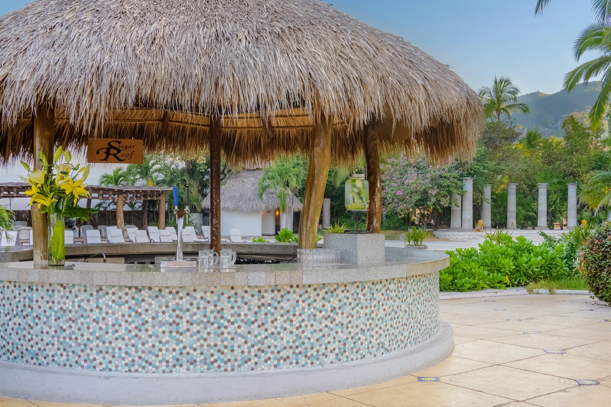 Sugar Reef poolside bar at Dreams Acapulco Resort & Spa with swim-up service and tropical drinks