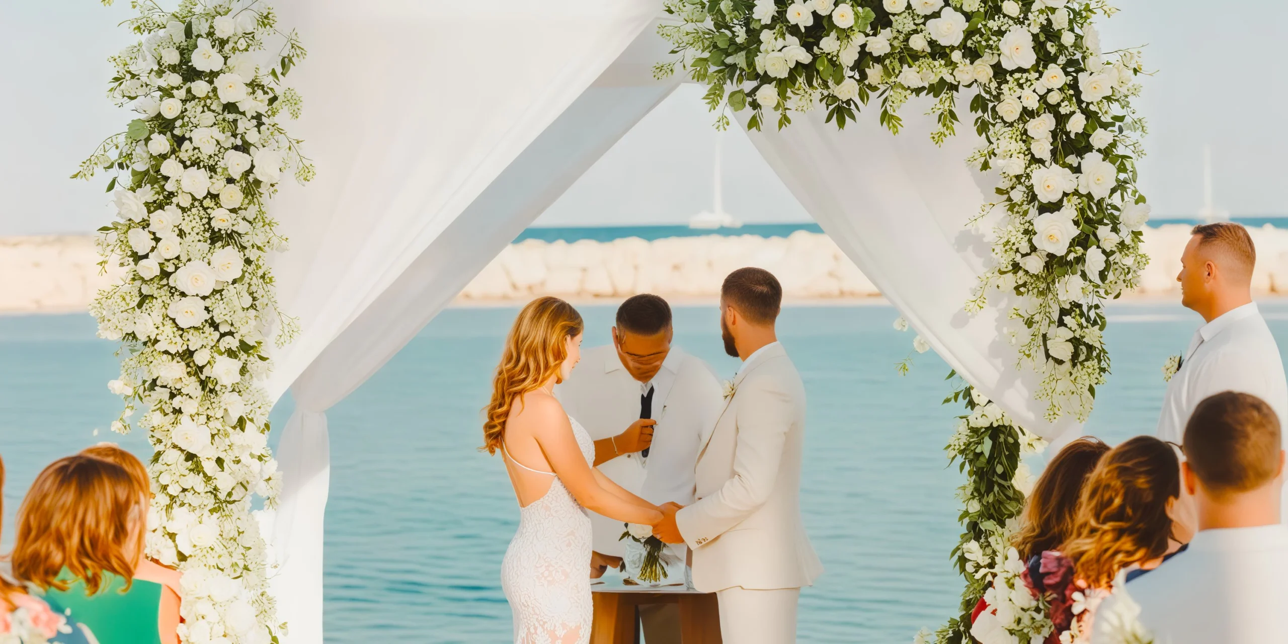 Beach wedding ceremony under floral arch at Central Beach Venue Dreams Aventuras Riviera Maya