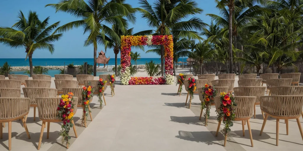 Rooftop terrace wedding ceremony with floral arch and ocean view at Dreams Aventuras Riviera Maya