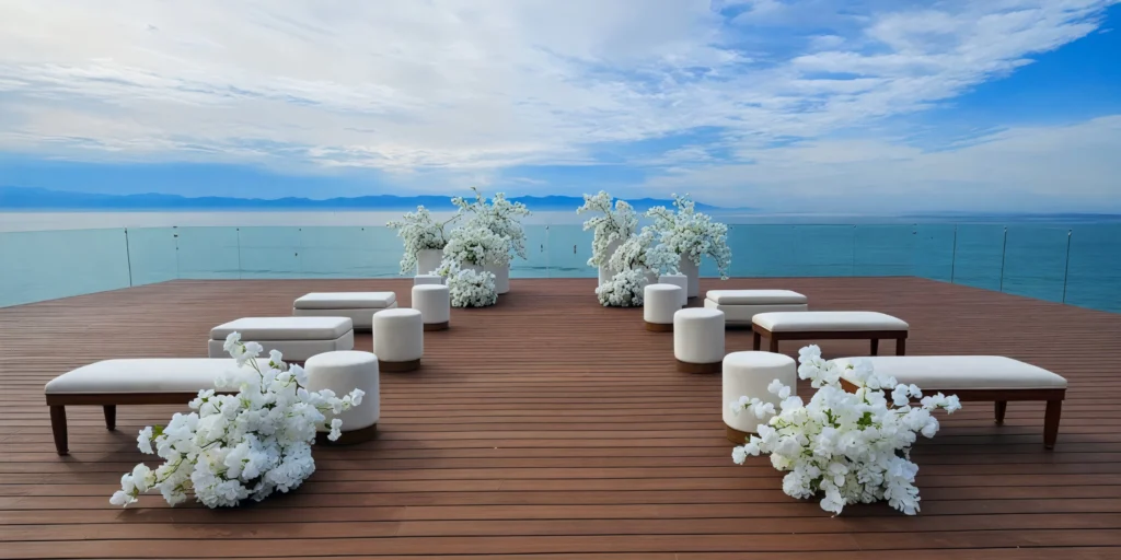 Beach Deck oceanfront ceremony setup for weddings at Dreams Bahia Mita Surf & Spa Resort