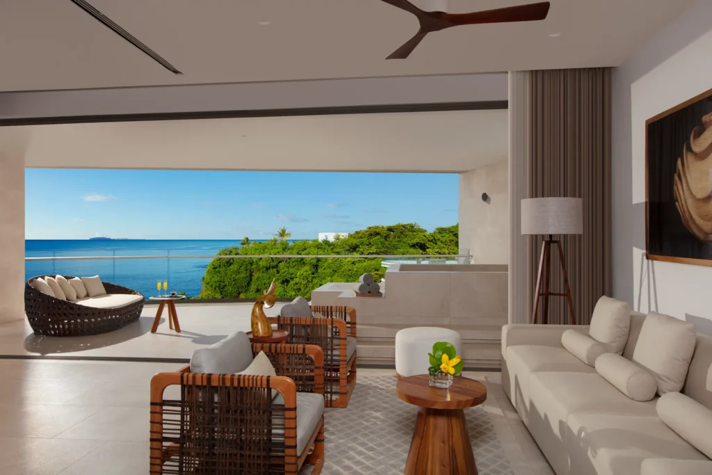 Preferred Club Bahia Mita Suite Ocean View living area and terrace with ocean view at Dreams Bahia Mita.