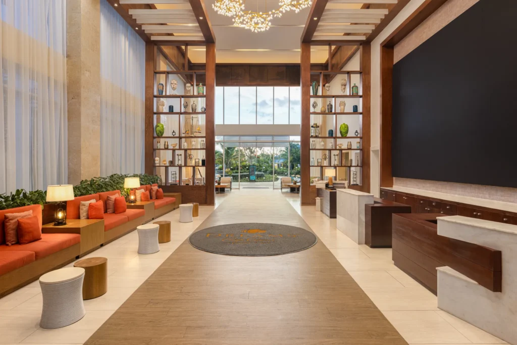 Elegant open-air lobby entrance at Dreams Cap Cana Resort & Spa in Punta Cana.