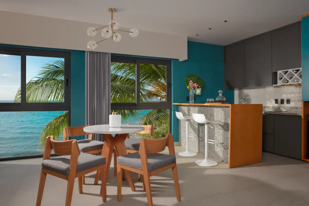 Master Suite Ocean View bar area with modern finishes at Dreams Cozumel Cape Resort & Spa.