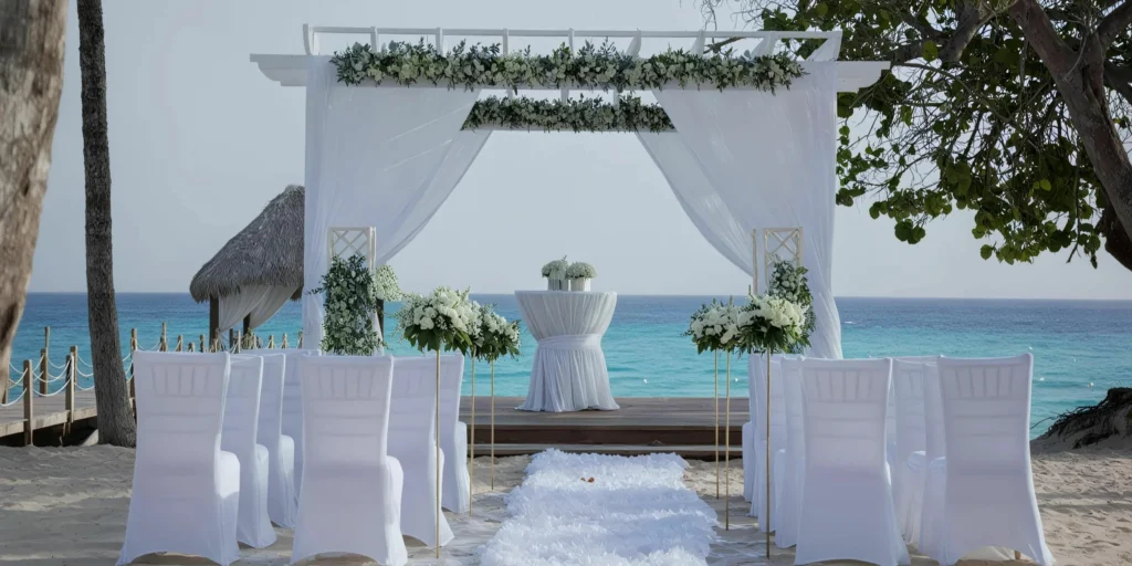 Beach wedding arch setup on the shoreline at Dreams Dominicus La Romana