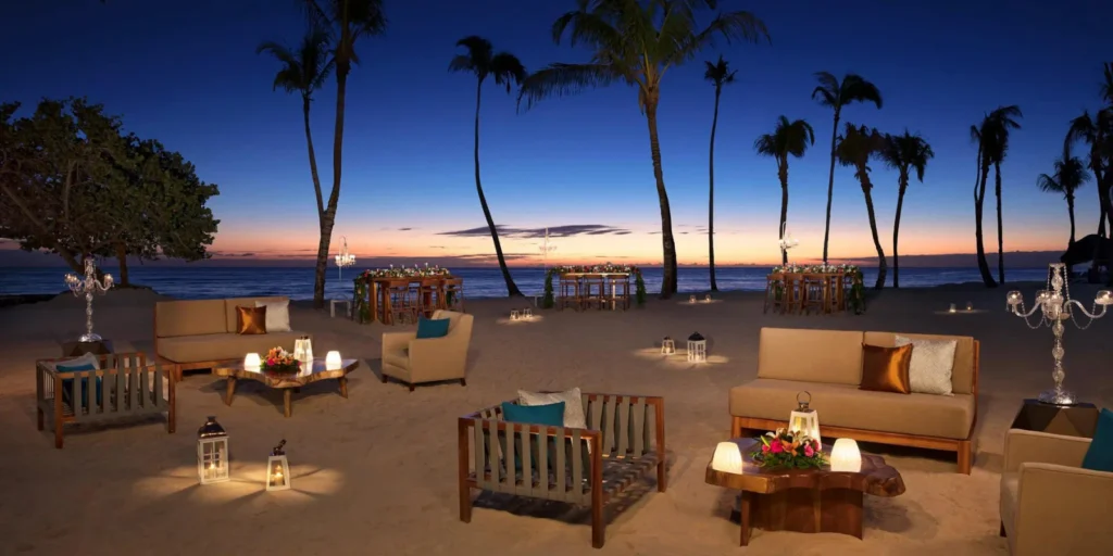 Beach wedding ceremony setup on the shoreline at Dreams Dominicus La Romana