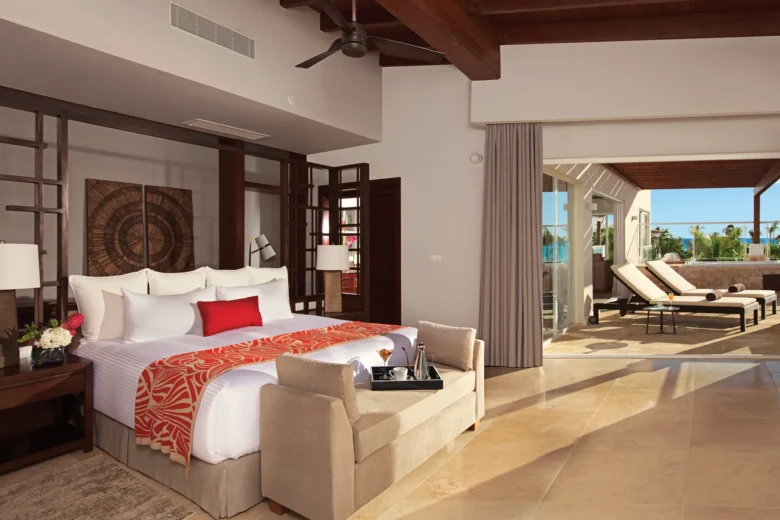 Preferred Club Presidential Suite with king bed and terrace access at Dreams Dominicus La Romana.