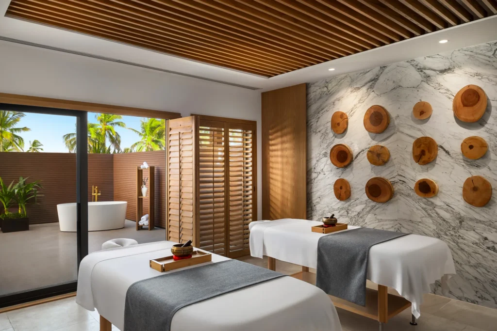 Couples spa massage room with two treatment tables at Dreams Estrella del Mar Mazatlan Golf & Spa Resort.