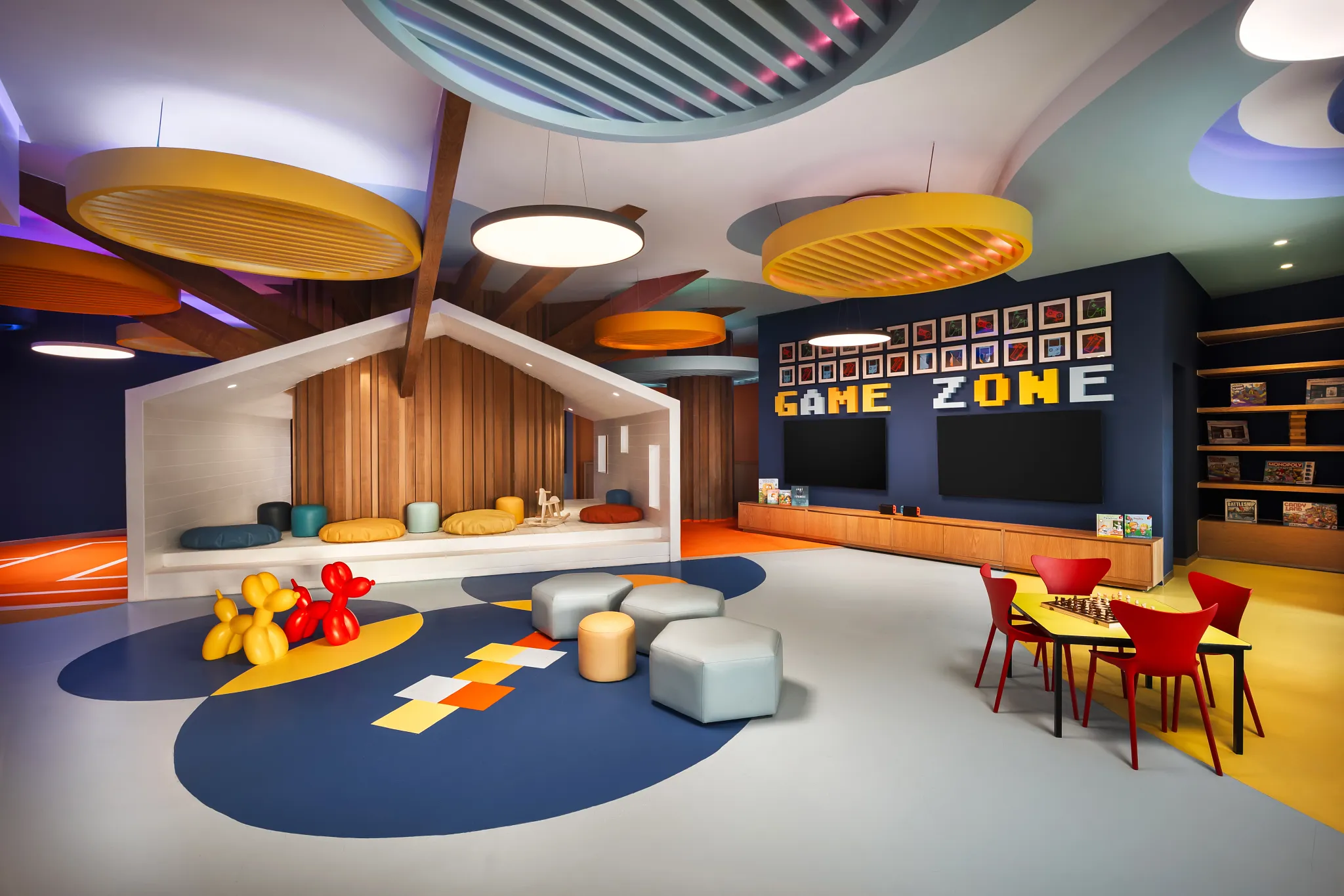 Bright and playful Explorer’s Club kids area with games and activities at Dreams Estrella del Mar Mazatlan Golf & Spa Resort.