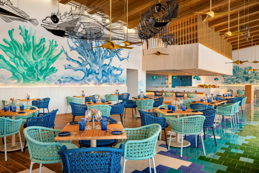 Oceana seafood restaurant at Dreams Estrella del Mar Mazatlan featuring ocean-inspired décor, colorful seating, and fresh seafood dining near the beach.