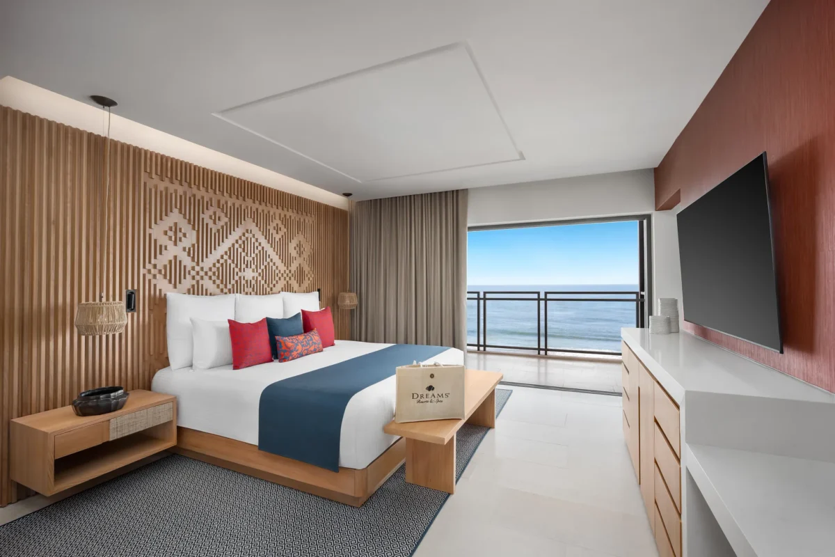 Preferred Club Master Suite Ocean Front bedroom with king bed at Dreams Estrella del Mar Mazatlan Golf & Spa Resort.