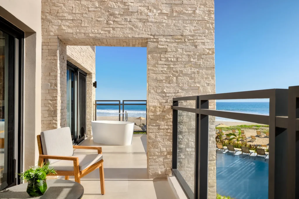 Preferred Club Premium Master Suite Ocean Front balcony with outdoor soaking tub overlooking the beach at Dreams Estrella del Mar Mazatlan.