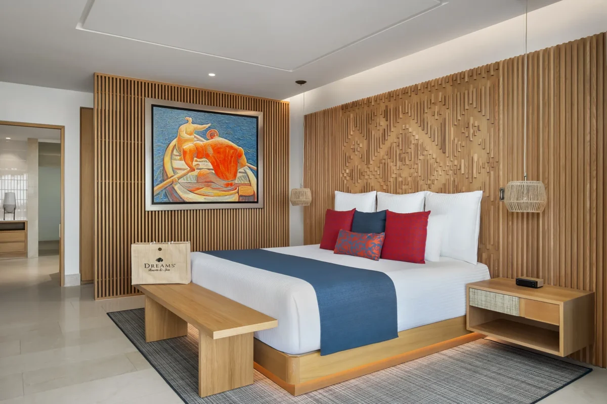 Preferred Club Premium Master Suite Ocean Front king bedroom at Dreams Estrella del Mar Mazatlan Golf & Spa Resort.